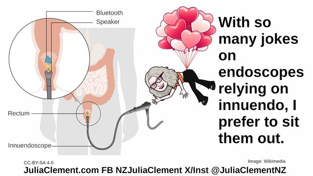 A modified endoscopy diagramme labeled for an innuendoscope. Julia is being held aloft by balloons tied to her trouser. Text: With so many jokes on endoscopes relying on innuendo, I prefer to sit them out.