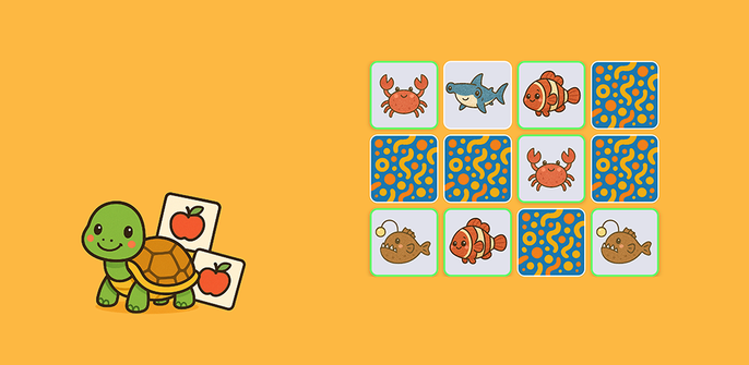 A promotional graphics featuring the logo (a turtle with two matched cards behind it) and the play field with some cards flipped and some unflipped.