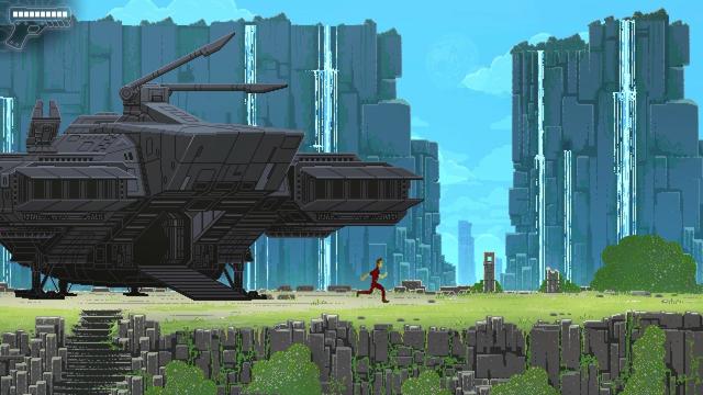 Capture d'écran du jeu "The Way" où l'on voit un personnage courir près d'un vaisseau spatial dans un décor magnifique en pixelart