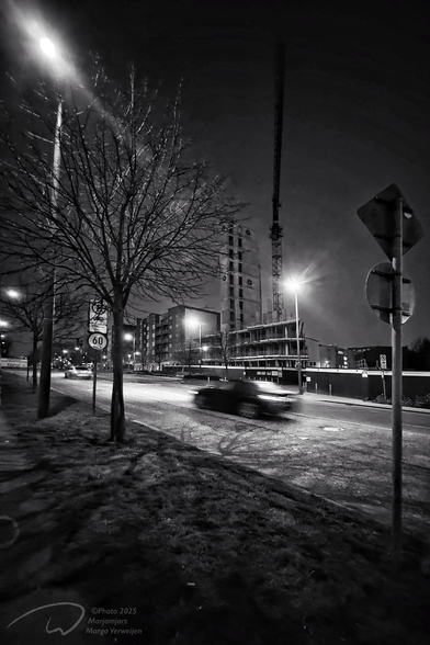 Very early in the morning, it is still dark, street lamps give light, trees along the road make their shadow on the road surface. A car drives quickly past in the now almost empty street before the traffic jam begins. On the other side of the road a new apartment complex rises. A crane towers high in the air.