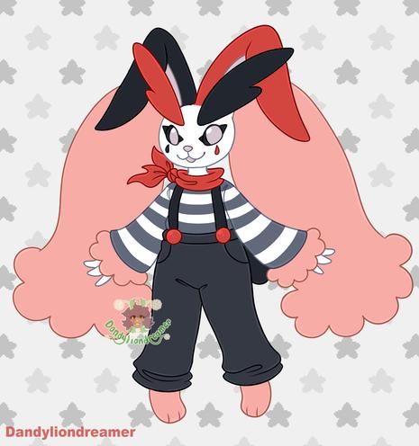 the pokemon lopunny redesigned to look like a mime

their ears are half colored black and red, with long pink fluffy ears at the tips, their long eyebrows are half black and red, they have white skin with black and red face make up, their eyes and nose are grey

they wear a red bandana around the neck, with a striped black and white undershirt, with black overalls and red buttons with its black pants, its tail is black and its hands are white, its feet are pink

the background is grey with grey star patterns

The Alt text is Done Now!

Extra Tags:
 #artistonbsky #artistsonbluesky #artshare #artsky #ocsk #ocart #promosky #promo #artmutuals #artmoots #moots #mutuals #artist #artwork #digitalart #digitaldrawing #digitalillustration #illustration #humanartist #humanmadeart #humanart #sfwart #sfw #smallartist #smallbusiness #queerartist #lgbtartist #clipstudiopaint #supportartists #noai #antiai