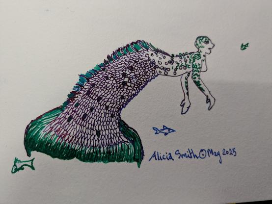 A merperson with an oversized vertical fish configured tail in purples and green. They are hairless, and the scales are purple, fins are green. A few stray minnows dart around. Signed Alicia Smith(c) May 2025