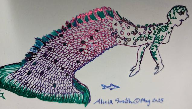 A merperson with an oversized vertical fish configured tail in purples and green. They are hairless, and the scales are purple, fins are green. But this one's angled so that the super sheen of the purple shows up as shiny copper. A few stray minnows dart around. Signed Alicia Smith(c) May 2025
