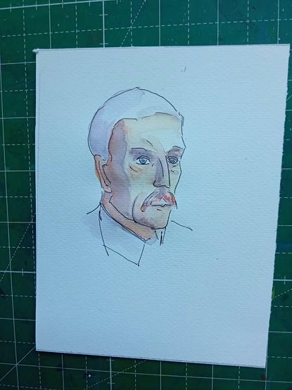 Aquarellierte Zeichnung eines Männerkopfes mit Schnurbart