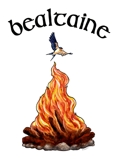 Painting of a swallow flying over a bonfire, with the word "Bealtaine" above it.