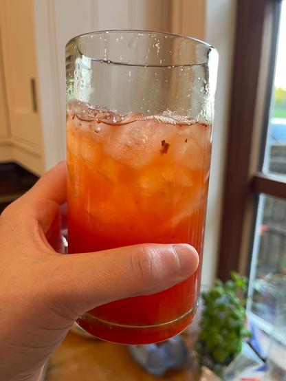 photo of my hand holding a glass filled with home made soda. I used a steam juicer to juice rhubarb and strawberries, added sugar and then some turmeric bug (like a ginger bug starter but with turmeric) and then a couple of sprigs of rosemary (which also have wild yeast on them so they cause fermentation too). This was so tasty and not too sweet either as the yeasts consume the sugars.