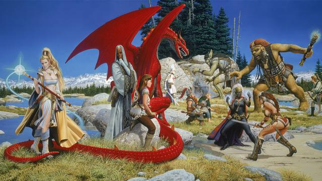 A myriad of fantasy figures are in battle on a rocky field of grass and evergreen trees, including a blonde Elven mage, a red dragon, a troll, a Drow, a barbarian type woman, a knight clad in white armor, a Dwarf and a Halfling, and more. I apologize for the alt-text here, there's literally so much going on in this picture.
