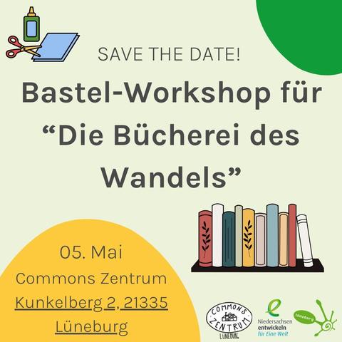 Sharepic mit allen Eckdaten, Zeichnungen von Büchern, BAsteln und grünen und gelben Farbflecken.