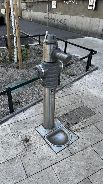 A metallic fire hydrant stands on a sidewalk, with gravel and plants surrounding it. The base has a drainage area with a dish for dogs to drink from, and the top has a faucet to find drinking water bottles. Nearby graffiti is visible on a wall.