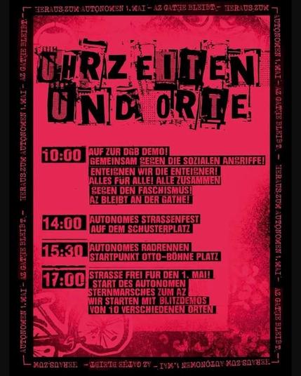Mögliche Uhrzeiten und Orte des Autonomen 1.Mai in Wuppertal. Ab 14:00 Uhr Schusterplatzfest, 15:30 Autonomes Radrennen aufm Ölberg, ab 17:00 Demos irgendwo in der Stadt.
