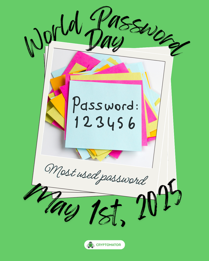 A colorful stack of sticky notes showing "Password: 123456" as an example of a weak password, highlighting World Password Day on May 1st, 2025.