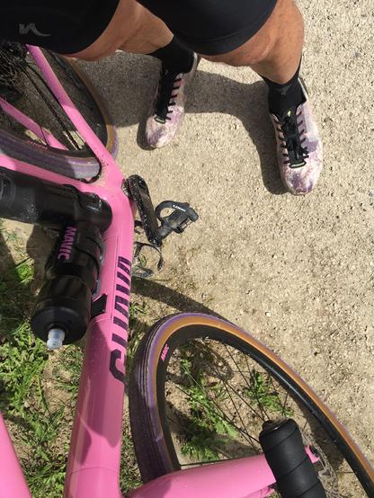 Vue plongeante sur ce même vélo rose et violet. On aperçoit un bidon noir avec un logo Mavic rose.
Notre modèle porte des chaussures Specialized S-Works 7 Lace coloris "vivid coral" (marbré de nuances allant du rose clair au violet).