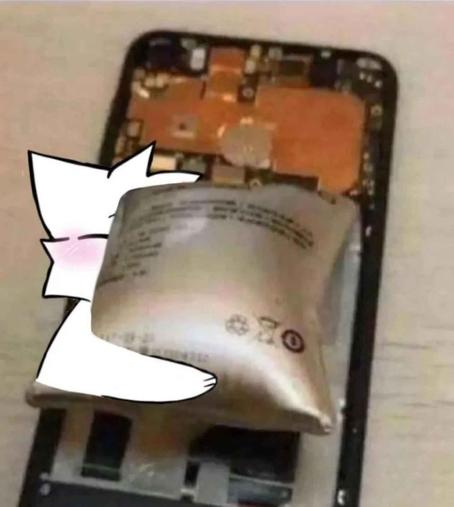 Photo of phone with the back cover off showing an extremely expanded lithium phone battery. A drawing of the white furry boy kisser meme critter can be seen sleeping and snuggling the spicy pillow.