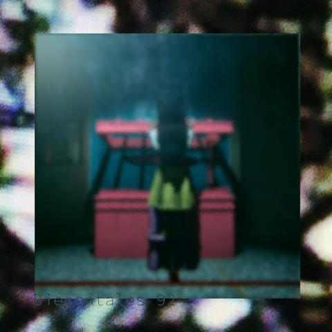 Cover Biesentales 92 - hard contrasted zooming into a street corner, no humans, at night, and open window - all blurred, and on a background seemingly from an old VHS tape, RGB-pixelled, blurred.