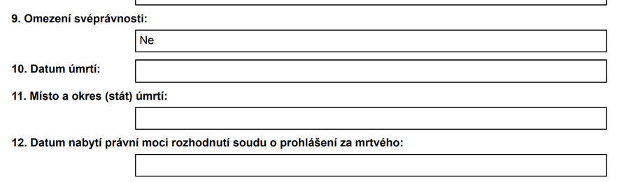 Výpis z Registru obyvatel s nevyplněný políčkem úmrtí.