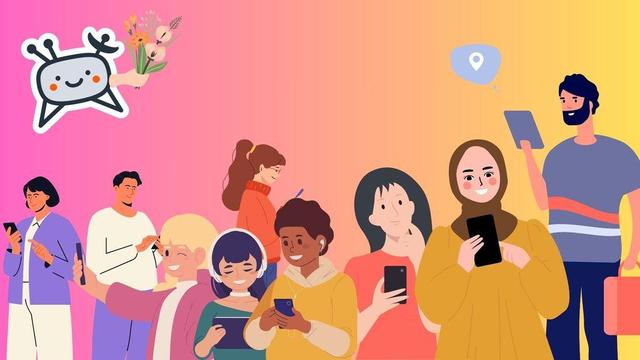 Illustrations of 9 different people holding or using a mobile phone. Plus the TelemetryDeck mascot Sondrine, holding flowers.