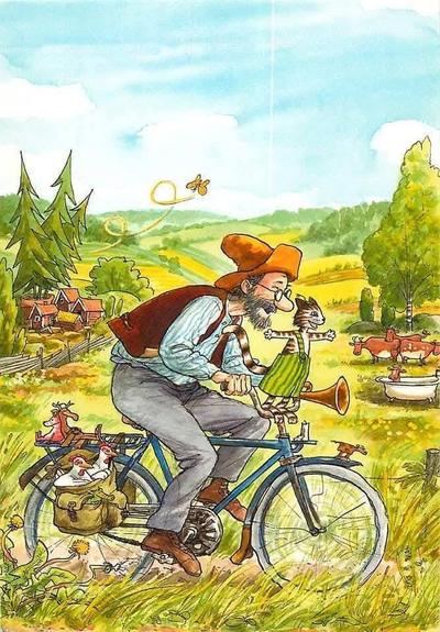 Pettson and Findus illustration

Pettson is happily riding a bicycle through a peaceful countryside. There are chickens in the panniers and Findus, the cat, is standing on the handlebars next to the horn with arms spread and a big smile. There a butterfly flitting around and some grazing cows to complete the idyllic scene.