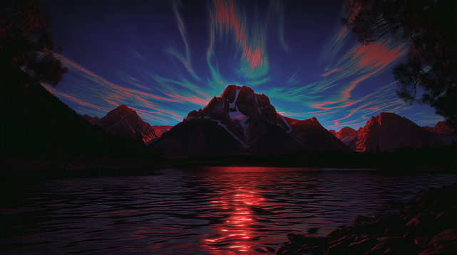 Marées Célestes.
Paysage onirique de montagnes baignées par une lumière rouge irisée sous un ciel vibrant d'aurores colorées.
Dreamlike landscape of mountains bathed in iridescent red light under a sky glowing with colorful auroras.