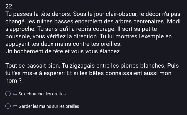 Sondage 22: Tu passes la tête dehors. Sous le jour clair-obscur, le décor n'a pas changé, les ruines basses encerclent des arbres centenaires. Modi s'approche. Tu sens qu'il a repris courage. Il sort sa petite boussole, vous vérifiez la direction. Tu lui montres l'exemple en appuyant tes deux mains contre tes oreilles.
Un hochement de tête et vous vous élancez.

Tout se passait bien. Tu zigzagais entre les pierres blanches. Puis tu t'es mis⋅e à espérer: Et si les bêtes connaissaient aussi mon nom ?

- Choix 1: Se déboucher les oreilles
- Choix 2: Garder les mains sur les oreilles