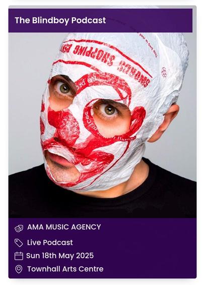 A poster for a Blindboy podcast recording in TownHall Arts Centre Cavan on May 18th shoring a headshot of Blindboy in his distinctive plastic carrier bag face mask