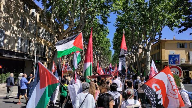 Photo de la manifestation du 1er mai à Aix en Provence, fin de cortège avec drapeaux palestiniens et un drapeau #CNT