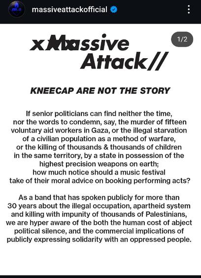Statement from Massive Attack re Kneecap and the real issue at stake: the genocide in Gaza.