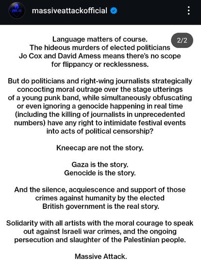 Statement from Massive Attack re Kneecap and the real issue at stake: the genocide in Gaza.