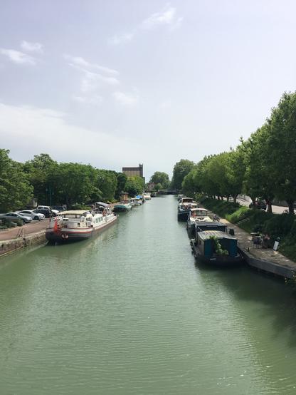 Le Canal Latéral à la Garonne, ses péniches et ses rangées d'arbres à hauteur du bassin de Moissac.