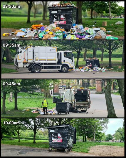 Four photographs showing an overflowing hopper bin being emptied and the surround litter removed by refuse collector in Glasgow.
