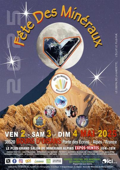 Affiche de l'édition 2025 de la fête des minéraux de Bourg d'Oisans, qui aura lieu du 02 au 04 mai.
