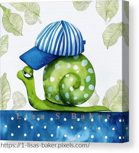 An art print of a green polka dot snail wearing a blue striped baseball cap, the ground is blue with white polka dots, the snail is surrounded by outlines of green leaves. Art by Lisa S Baker