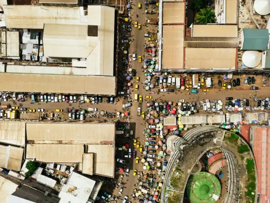 Drone photograph of busy market. Yaoundé, Cameroon.
