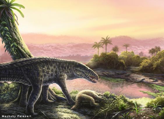 illustration of a prehistoric reptile that looks like a crocodyle standing tall on upright limbs