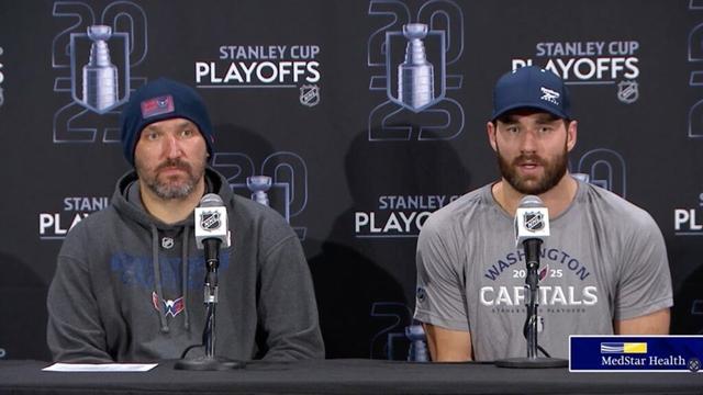 Alex Ovechkin and Tom Wilson talk after Game 5 vs. Montreal