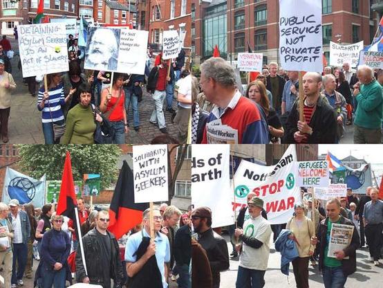 Photo montage of protesters with placards and banners