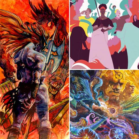 A collage of three artworks: a fierce armored warrior with a sword, a group of diverse people standing together, and a colorful abstract scene with swirling shapes and faces.