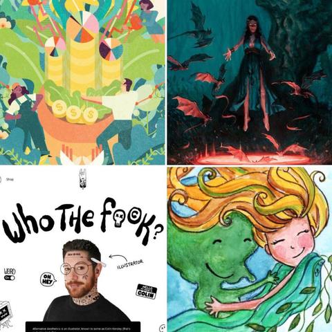 A collage of four images: a colorful money tree, a woman in black with bats, a tattooed man with text above him, and a drawing of a girl hugging a green figure.