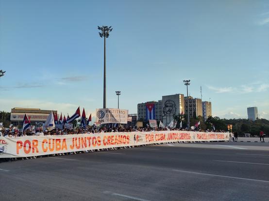 An image of the front line of the May Day Brigade in Havana on La Plaza De La Revolución