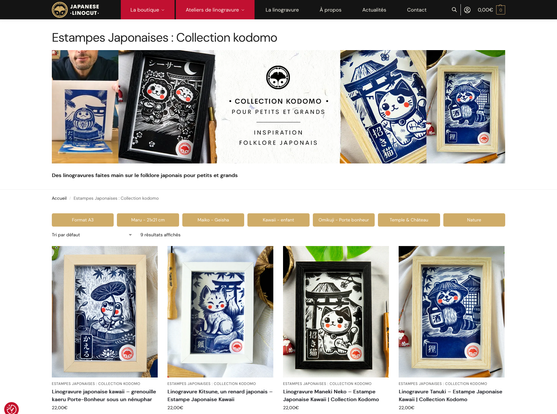 Illustration of a website selling Japanese linocut prints from the Kodomo collection, featuring framed prints with kawaii-style animals like frogs, foxes, cats, and raccoons in traditional Japanese settings, with product names and prices shown below each print.
