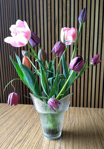 A photo of tulips and fritillaria in a vase.
