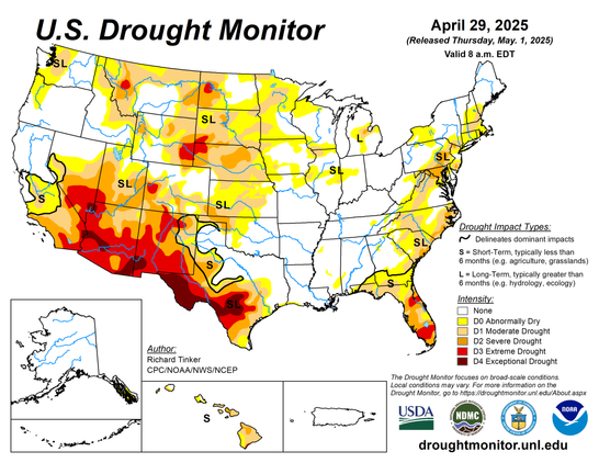 US Drought Monitor showing conditions for 5-1-25.