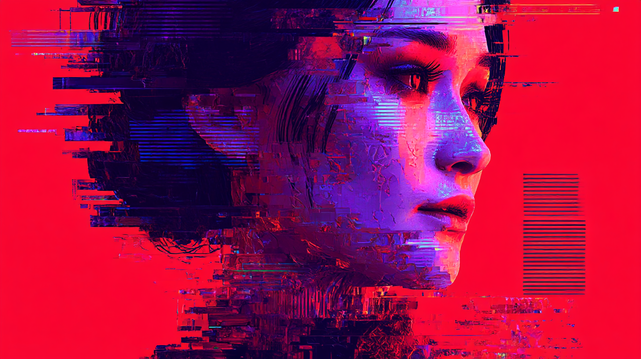 Signal Rouge.
Portrait féminin stylisé en glitch art sur fond rouge vif, mêlant abstraction numérique et textures violettes.
Stylized female portrait in glitch art on vivid red background, blending digital abstraction and purple textures.