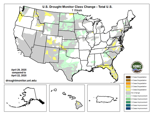 US Drought Monitor class change map comparing conditions from April 29 to April 22.