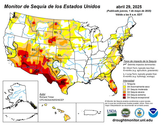 Monitor de sequía de EE. UU. que muestra las condiciones para el 1 de mayo de 2025