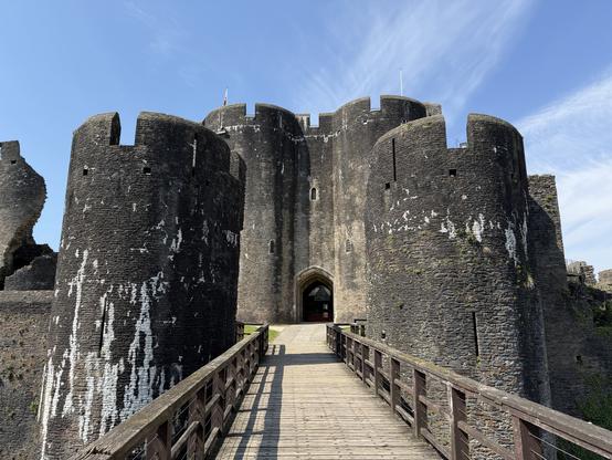 A view of Caerphilly Castle looking towards the gatehouse from the main path.