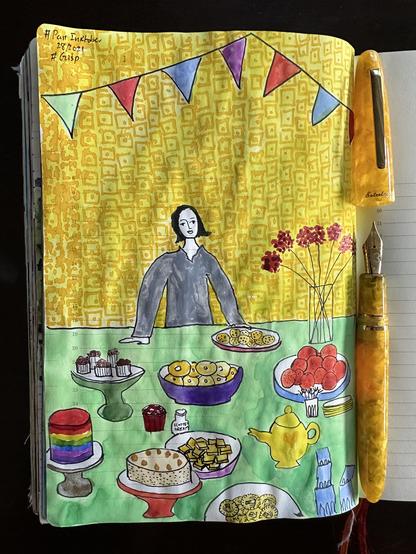 Sketch in sketchbook of me standing behind a big table full of baked goods, some flowers, oranges and a yellow teapot. Behind me is a patterned yellow wall and a bunting