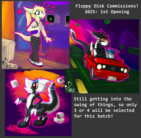 A collage of various drawings of the "Floppy disk" commissions I'm doing