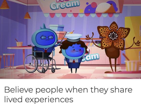 Screenshot showing stylised characters from stranger things attacking one of the monsters.

The text below it says believe people when they share lived experiences.