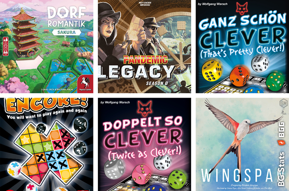 BG Stats 3 x 3.
Dorfromantik: Sakura;
Pandemic Legacy: Season 0;
That's Pretty Clever!;
Noch mal!;
Twice as Clever!;
Wingspan.
