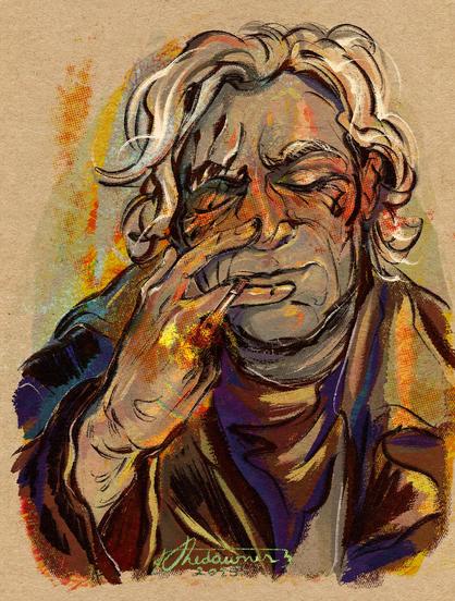 A digital portrait of Hopper from A Bug’s Life drawn as a human.